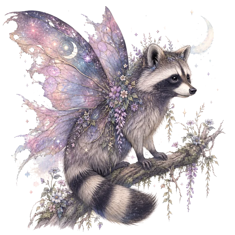 A raccoon with moth wings perched on a flowering branch under a crescent moon